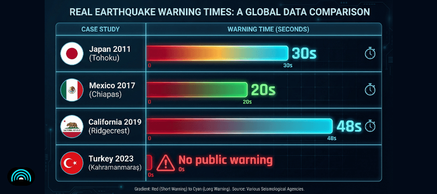 Real-world earthquake warning times — Japan 30s, Mexico 20s, California 48s, Turkey 0s