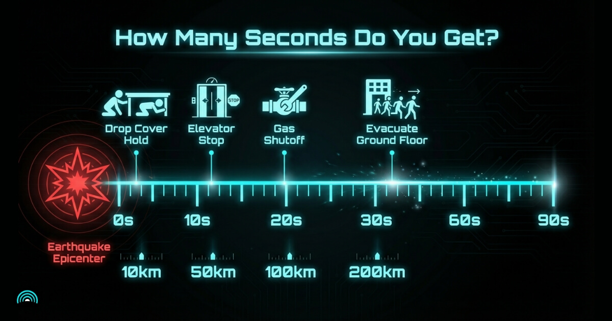 How many seconds of earthquake warning — timeline infographic