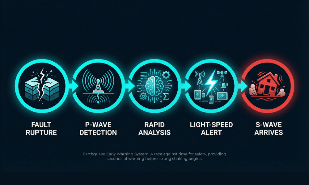 Earthquake early warning system workflow — 5 steps from fault rupture to P-wave detection, rapid analysis, light-speed alert, and S-wave arrival