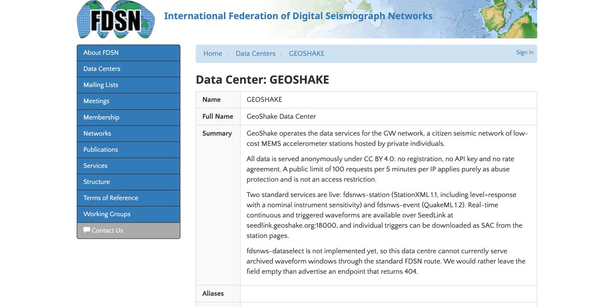 FDSN veri merkezi kayıt defterindeki GEOSHAKE girişinin ekran görüntüsü — fdsnws-station, fdsnws-event ve SeedLink servisleri listeleniyor