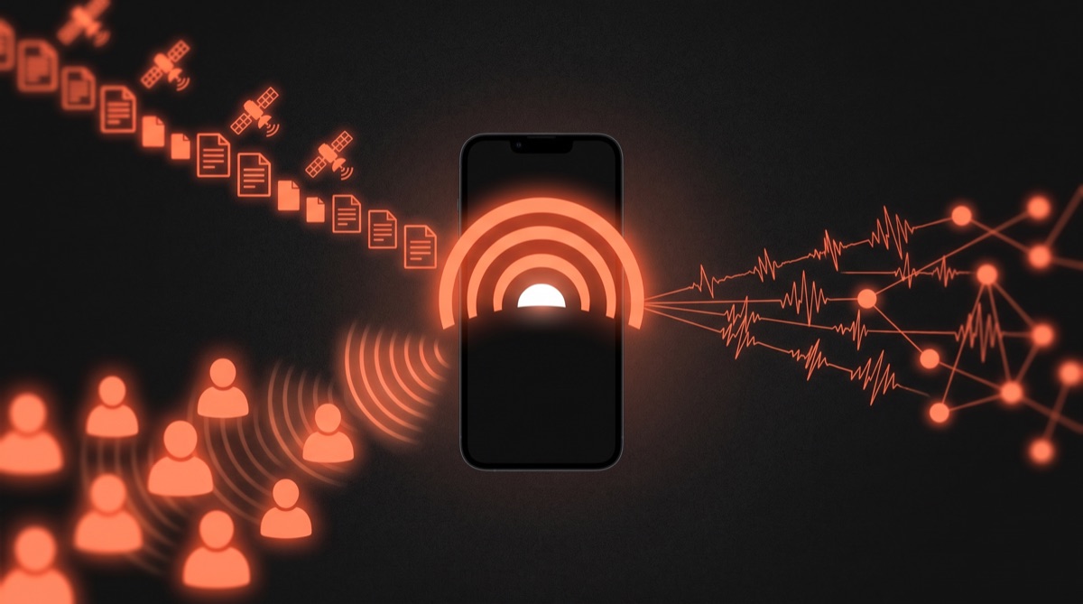 Abstract illustration of three earthquake alert streams — agency data, community reports, and a sensor network — converging on a single phone