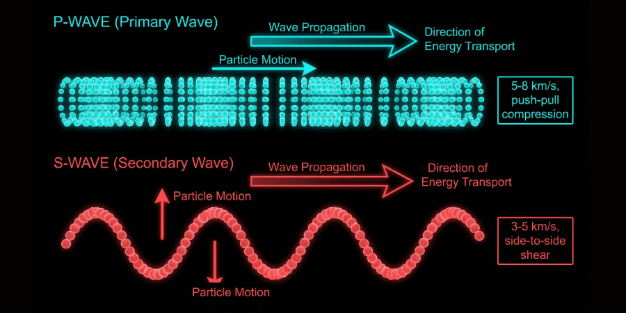 P-wave vs S-wave motion comparison — P-waves compress like a slinky at 5-8 km/s while S-waves shake side-to-side at 3-5 km/s