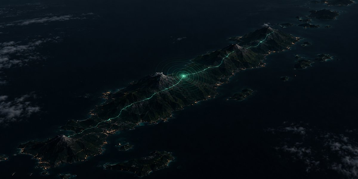 Ilustrasi pulau vulkanik Indonesia pada malam hari dengan garis sesar menyala di sepanjang punggung pegunungan dan gelombang seismik yang menyebar