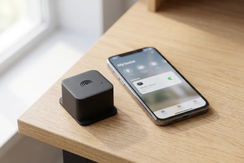 A palm-sized black GeoShake T1 sensor on a wooden desk next to a phone showing a smart-home app with the seismic sensor listed as a device