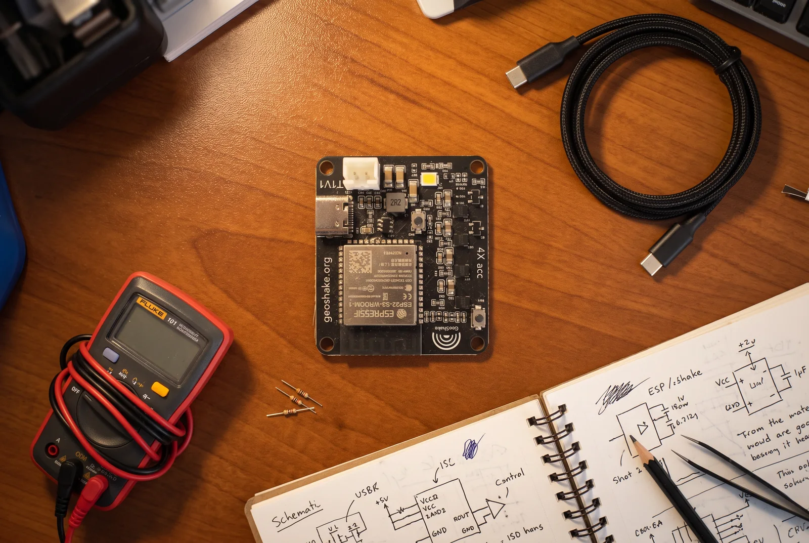 The board on a workbench with tools