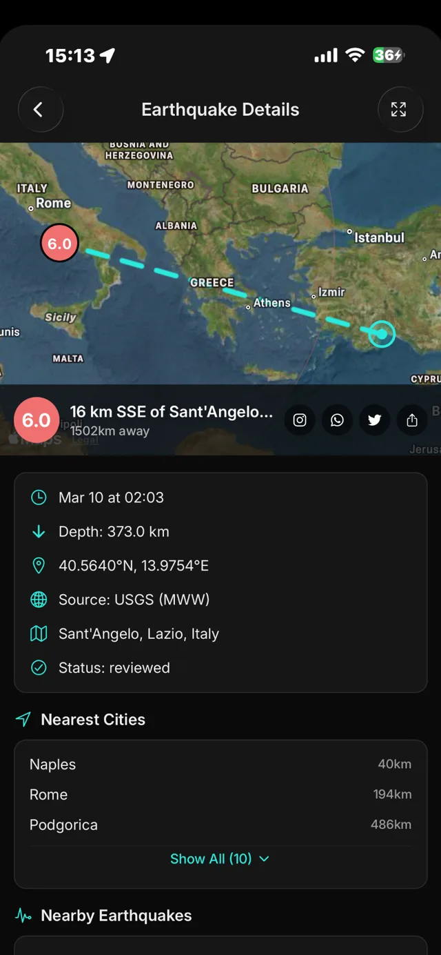 GeoShake app — verified earthquake detail