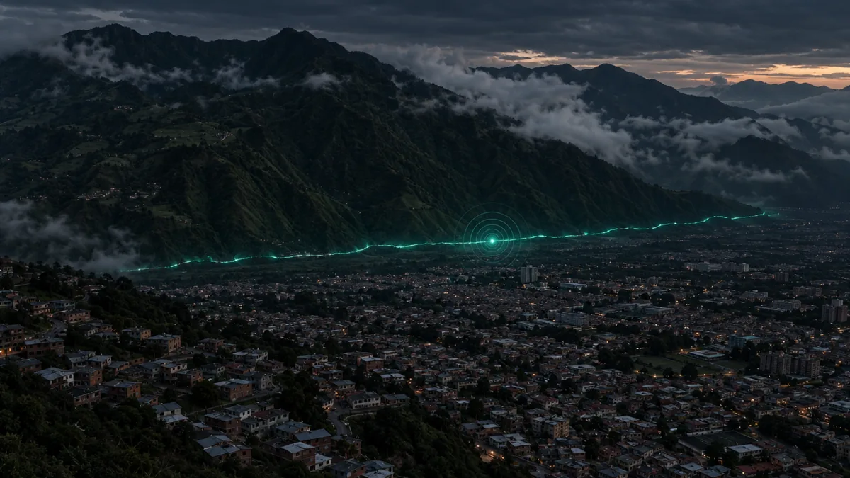Valle andino colombiano al anochecer con una línea de falla iluminada al pie de la cordillera