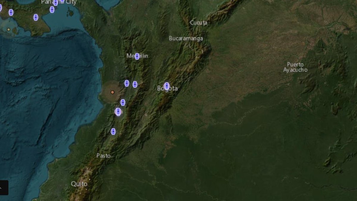 Mapa sísmico en vivo de GeoShake centrado en Colombia, con epicentros recientes y estaciones de la comunidad