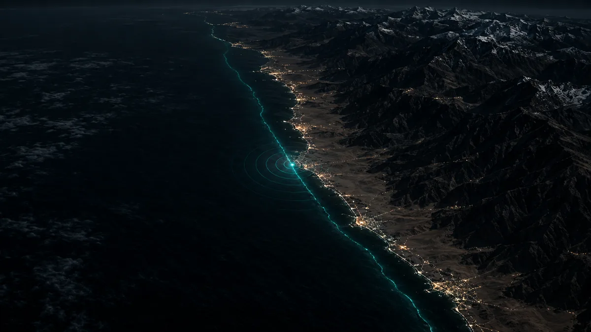 Costa peruana de noche vista desde gran altura, con la fosa marcada mar adentro y los Andes levantándose al este