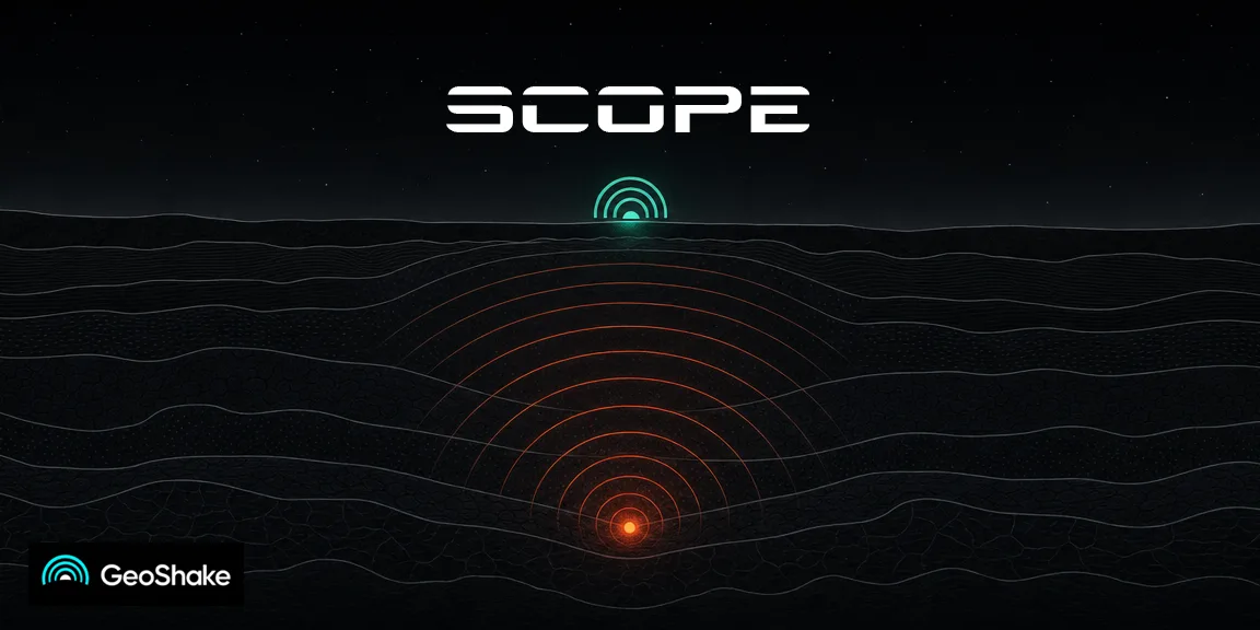 Cross-section artwork: a green surface station listening above, an orange hypocenter radiating seismic rings through rock layers below