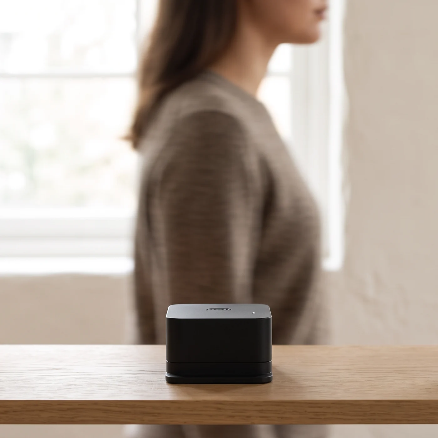The device on a wooden shelf while somebody moves past behind it
