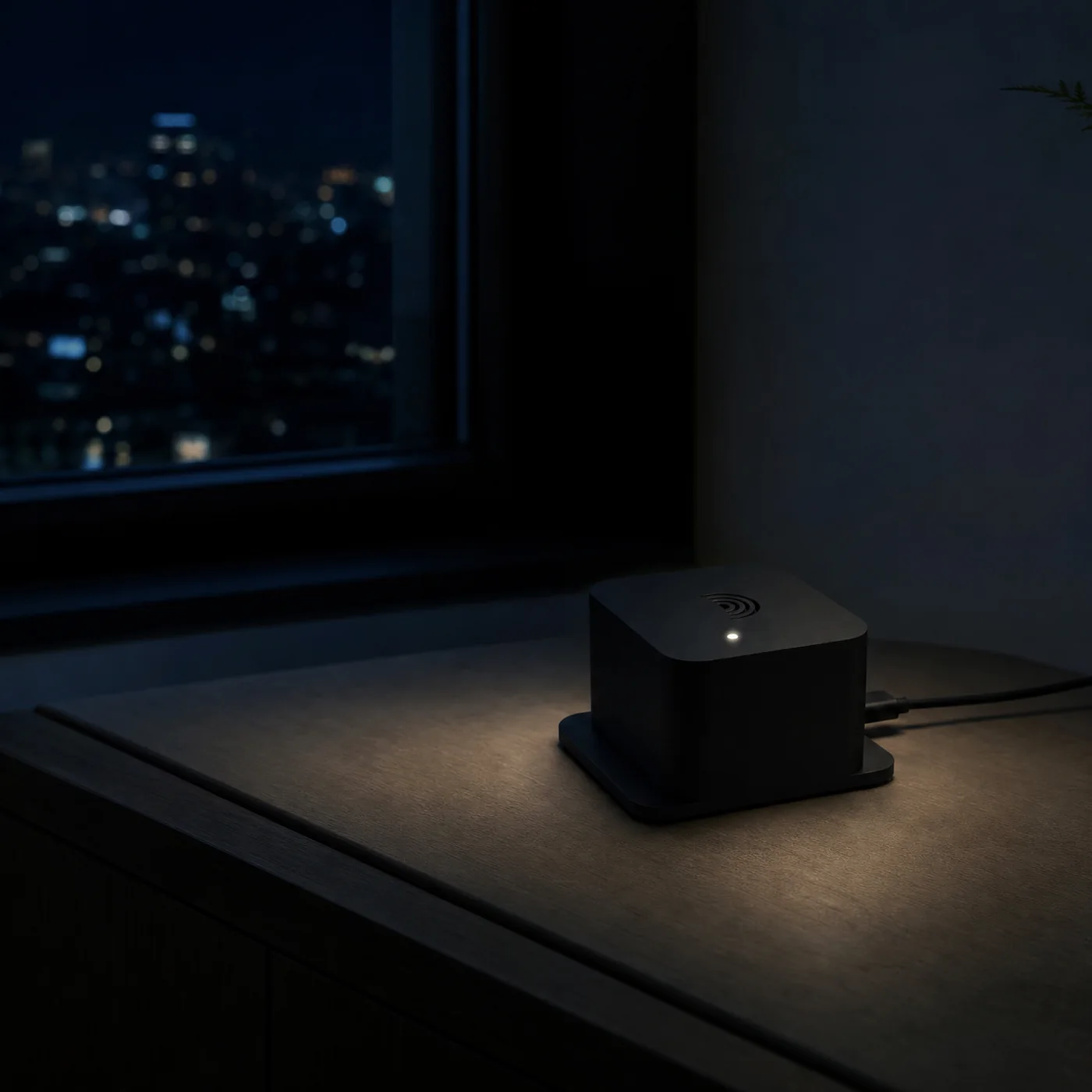夜、サイドボードの上で LED が光る GeoShake T1