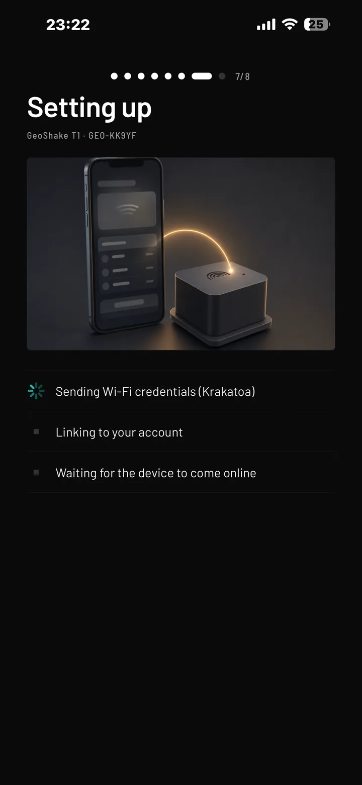 The Setting up screen in the app: sending Wi-Fi credentials, linking to your account, waiting for the device to come online