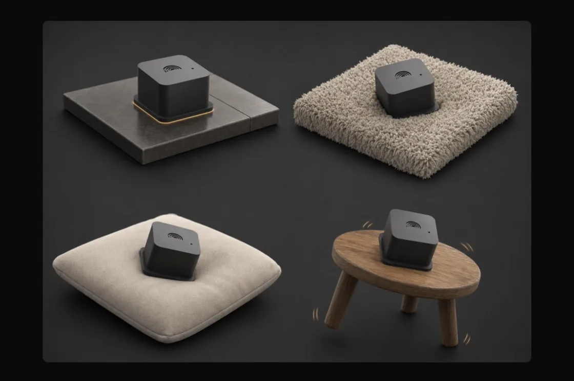 Four placements side by side: a stone tile, a rug, a cushion and a wobbly stool