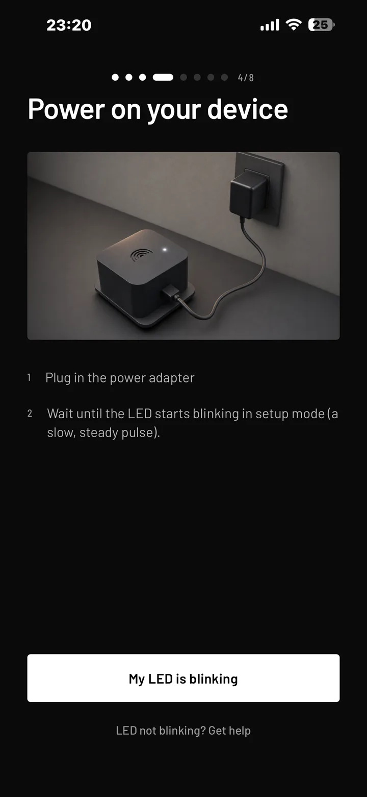 The Power on your device screen in the app, with the button My LED is blinking
