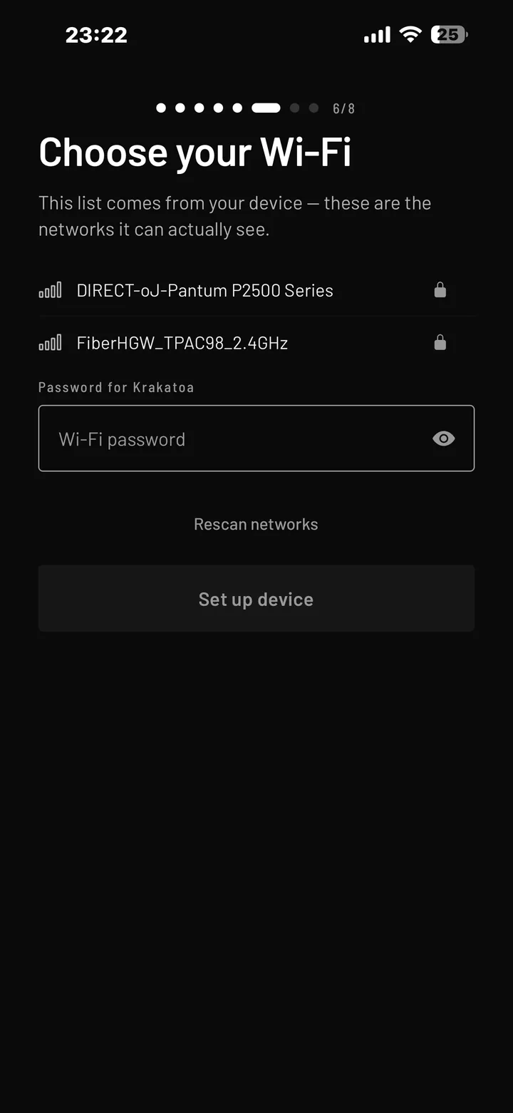 The Choose your Wi-Fi screen in the app, listing the networks the device can see