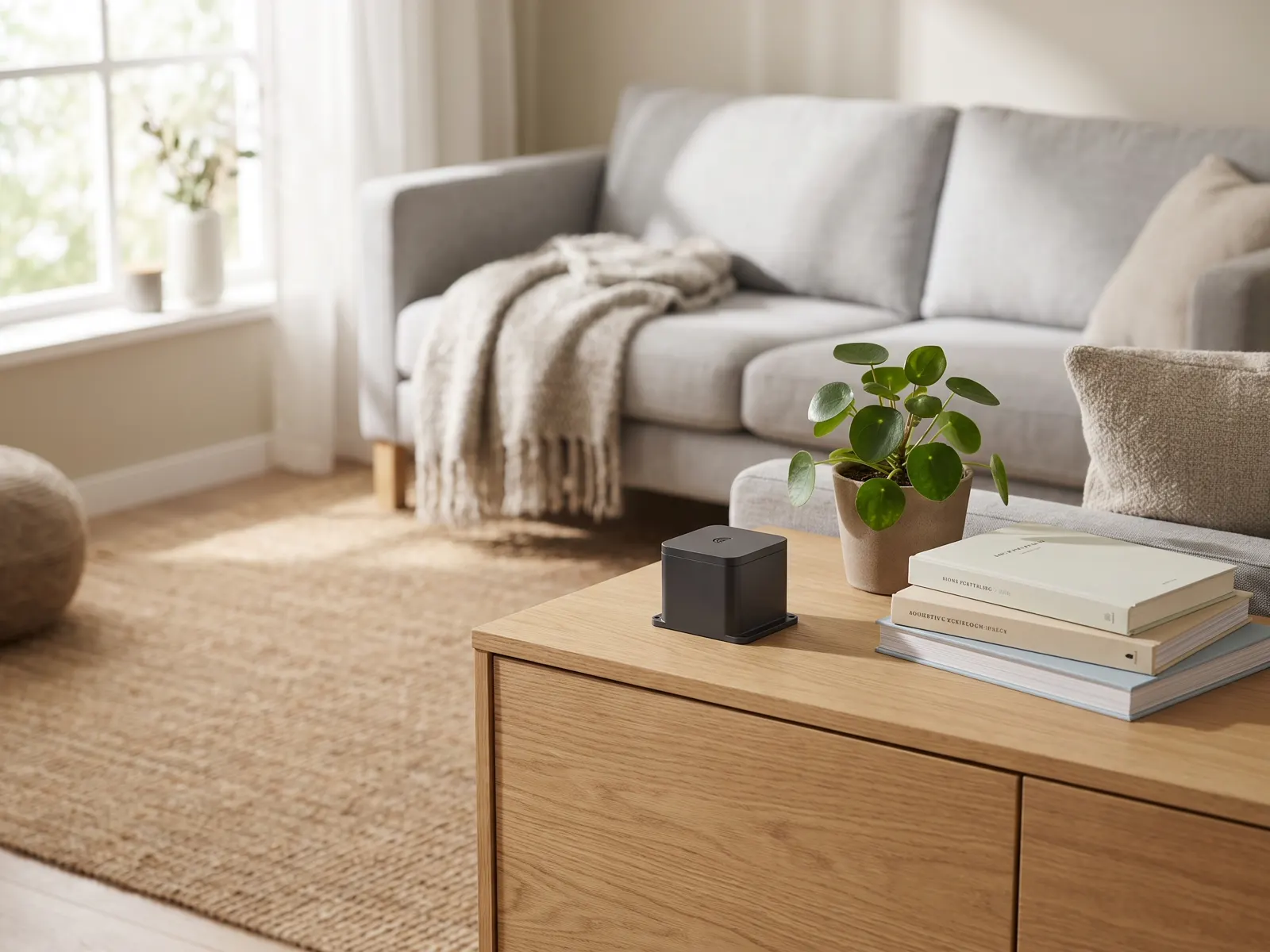 GeoShake T1 on a wooden sideboard in a bright living room